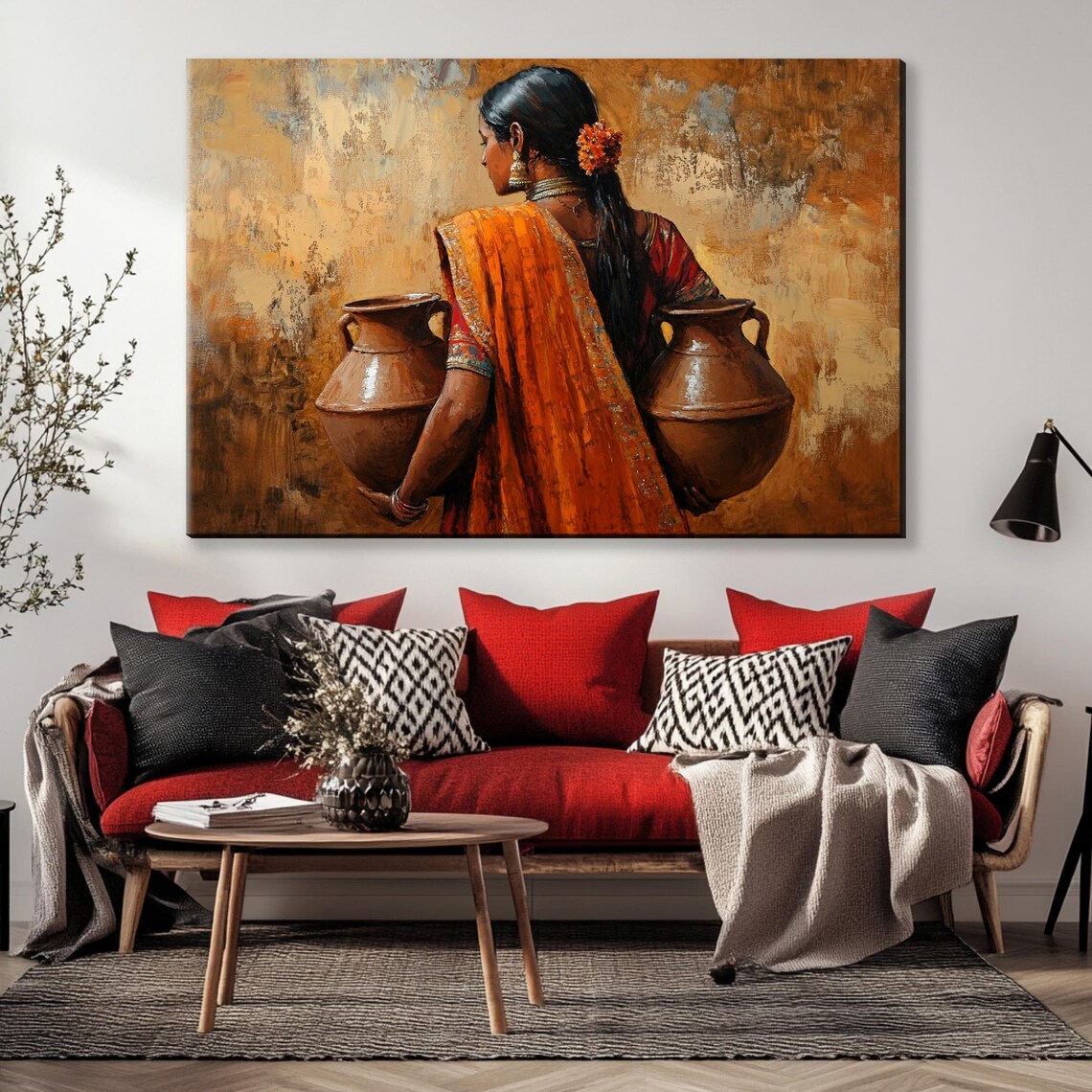 Traditional Indian Woman Carrying Pots Art Print - Image 3