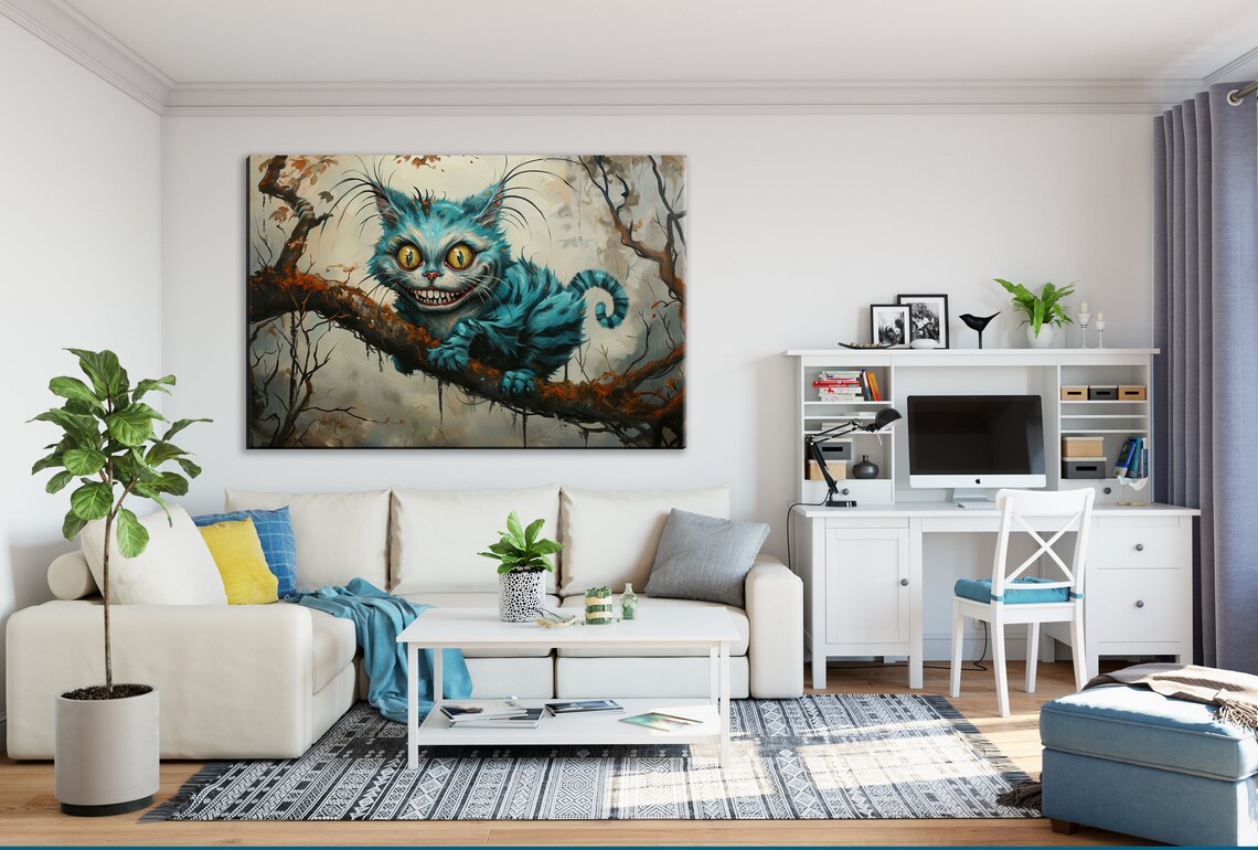 Moody Blue Cheshire Cat On Autumn Branch Eerie Wonderland Art Wall Poster - Image 3