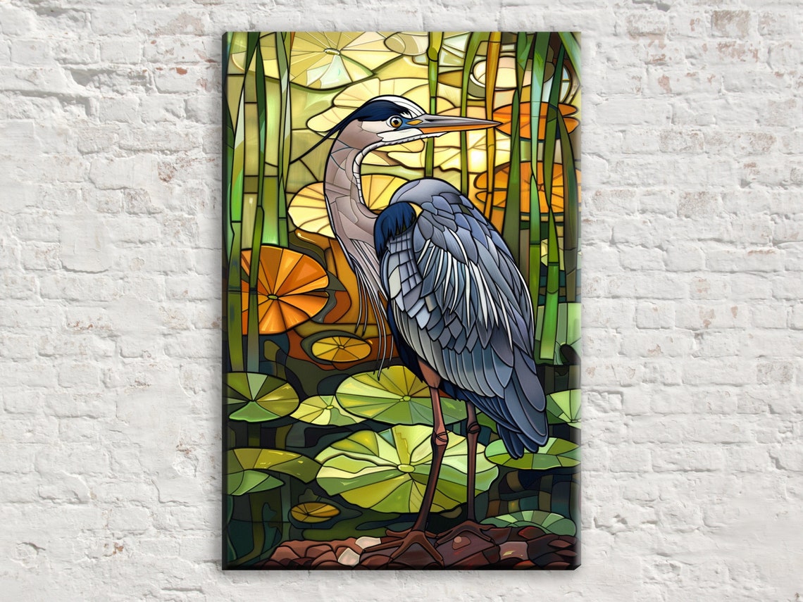 Blue Heron Stained Glass Marsh Lily Pads Leaded Glass Art Poster