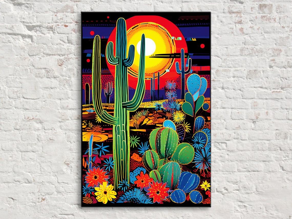 Neon Desert Sunset Giant Saguaro Colorful Cactus Wildflowers Poster