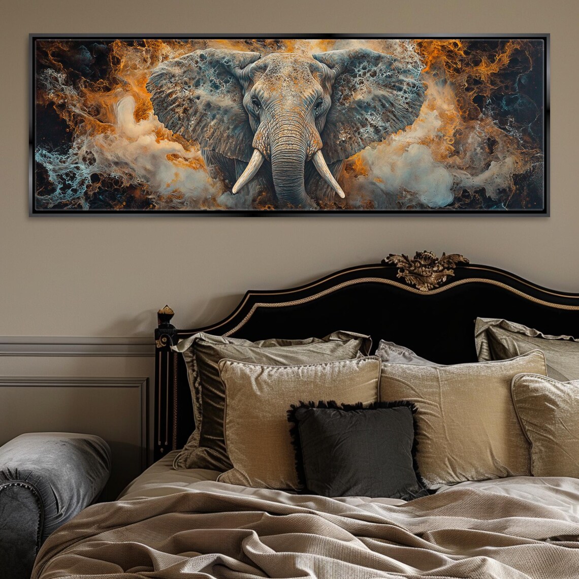 Abstract Elephant In Orange Grey Smoke Swirls Dramatic Panoramic Art Print - Image 4