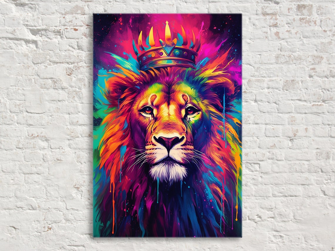 Neon Rainbow Lion King Crown Colorful Pop Art Splash Mane Poster