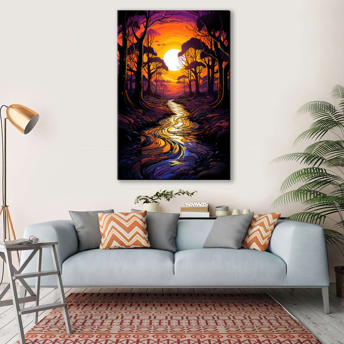 Jungle River Sunset Forest Illustration Vibrant Orange Sun Poster - Image 3