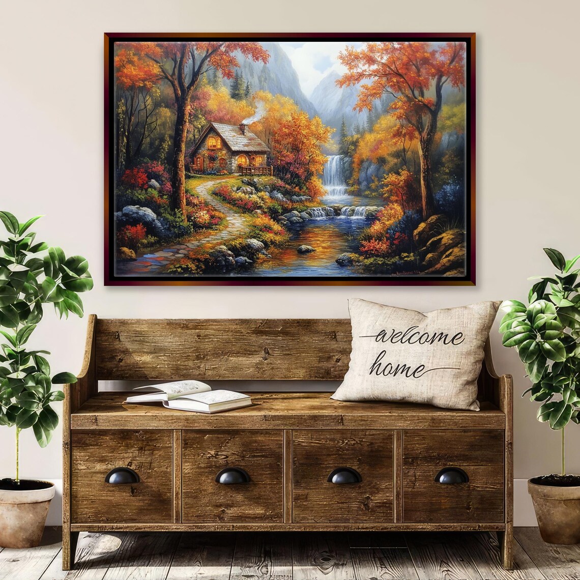 Cozy Autumn Landscape, Thomas Kinkade-Inspired Art Print