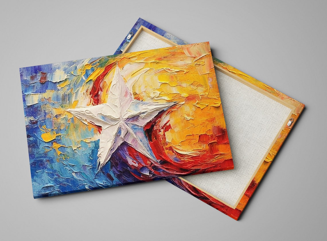 Abstract Texas Lone Star Flag Palette Knife Blue Gold Red Wall Art - Image 4