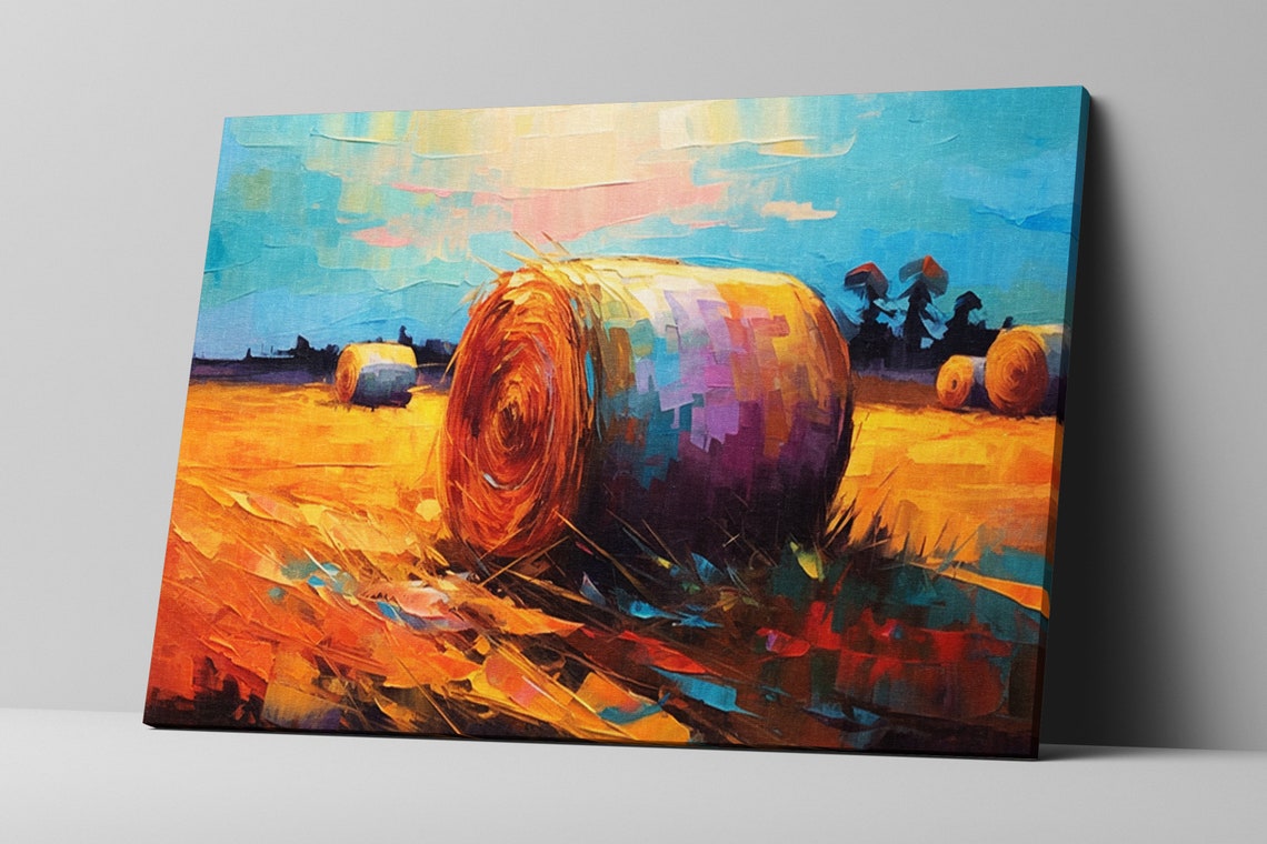 Golden Autumn Hay Bale Harvest Field Blue Sky Impressionist Poster - Image 5