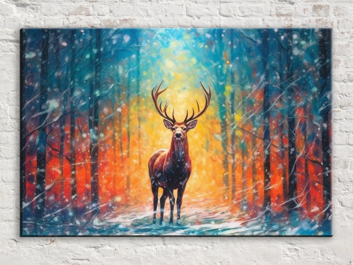 Noble Stag Glowing Winter Forest Snowy Night Ethereal Animal Art Print