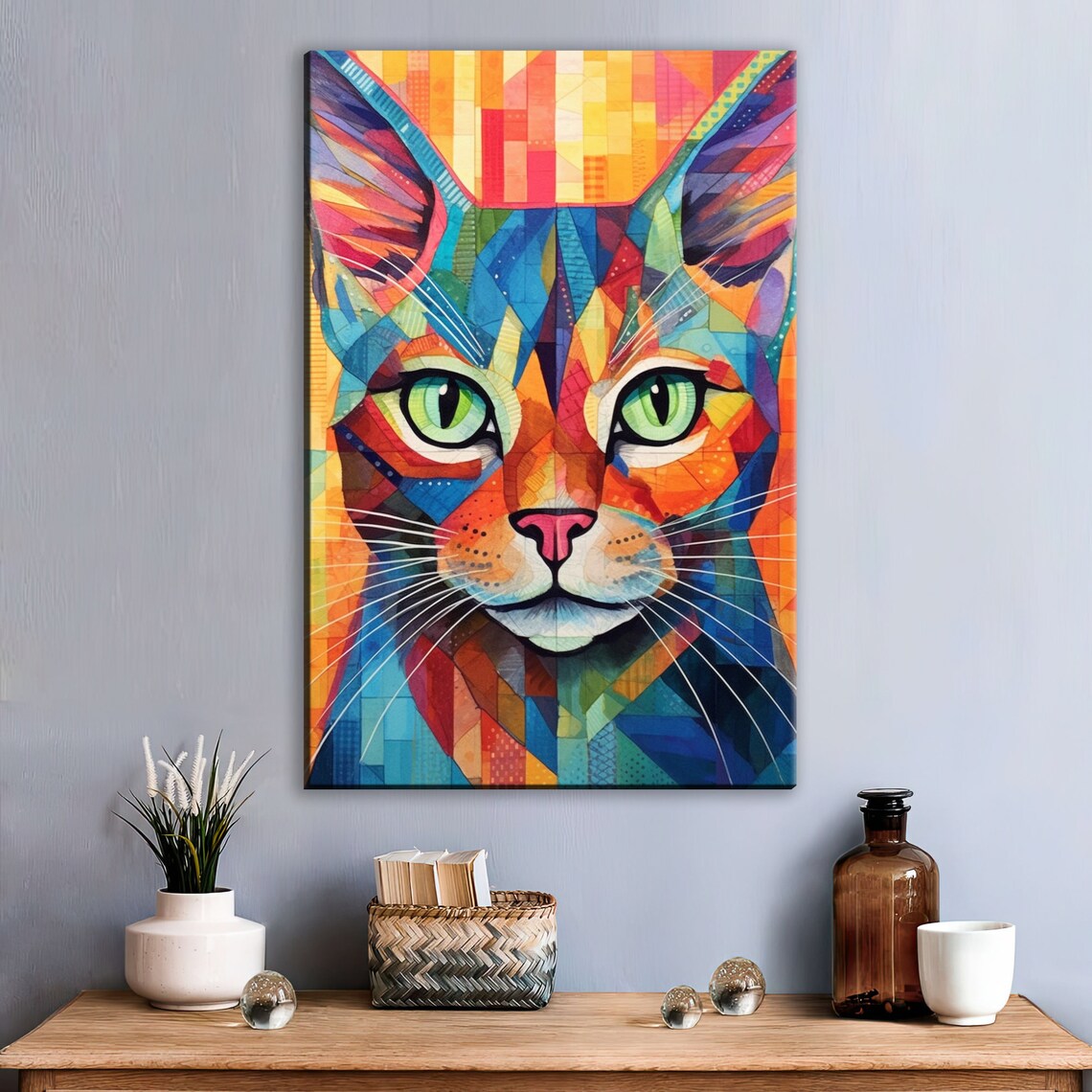 Geometric Cat Portrait Mosaic Stained Glass Style Green Eyes Art Print - Image 2