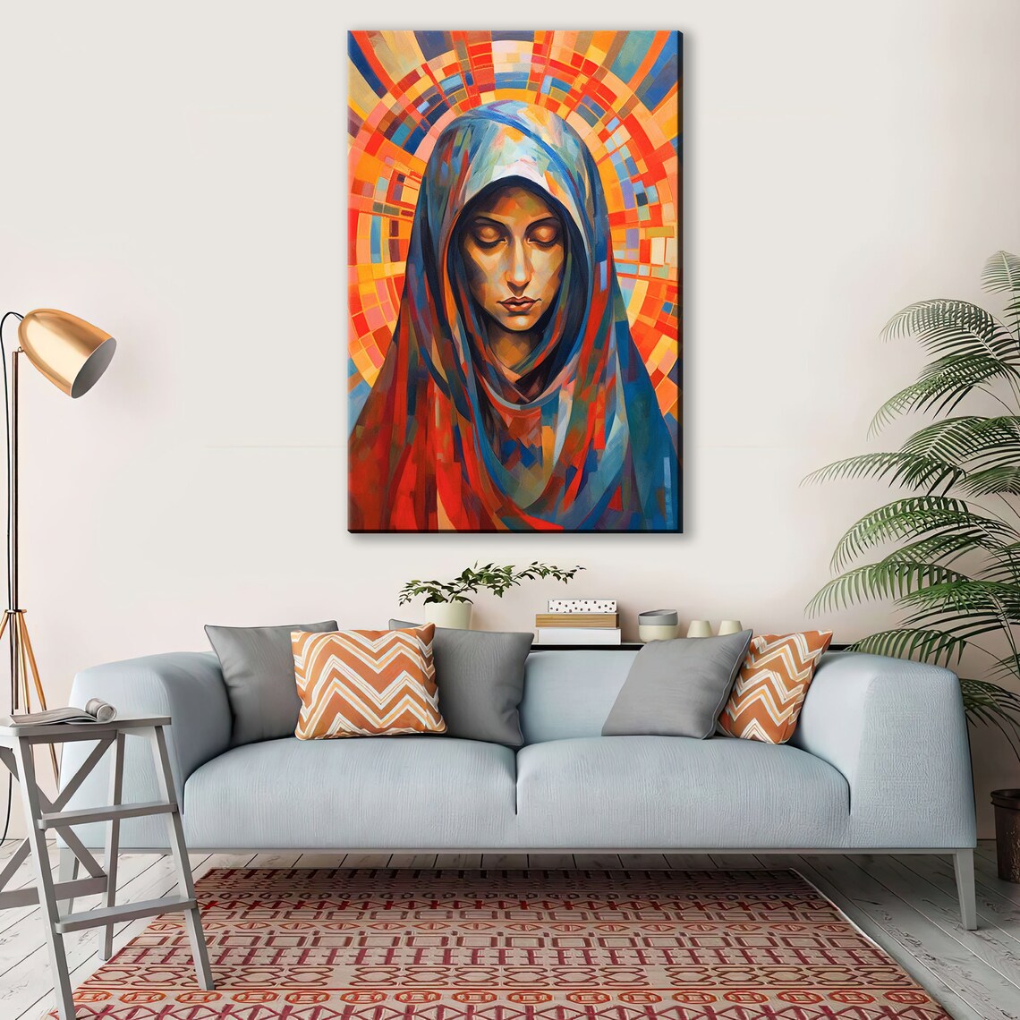 Virgin Mary Stained Glass Style Portrait Halo Religious Wall Art Print - Image 3