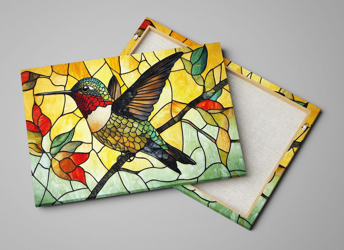 Stained Glass Style Hummingbird Perched On Branch Amber Light Art - Image 2