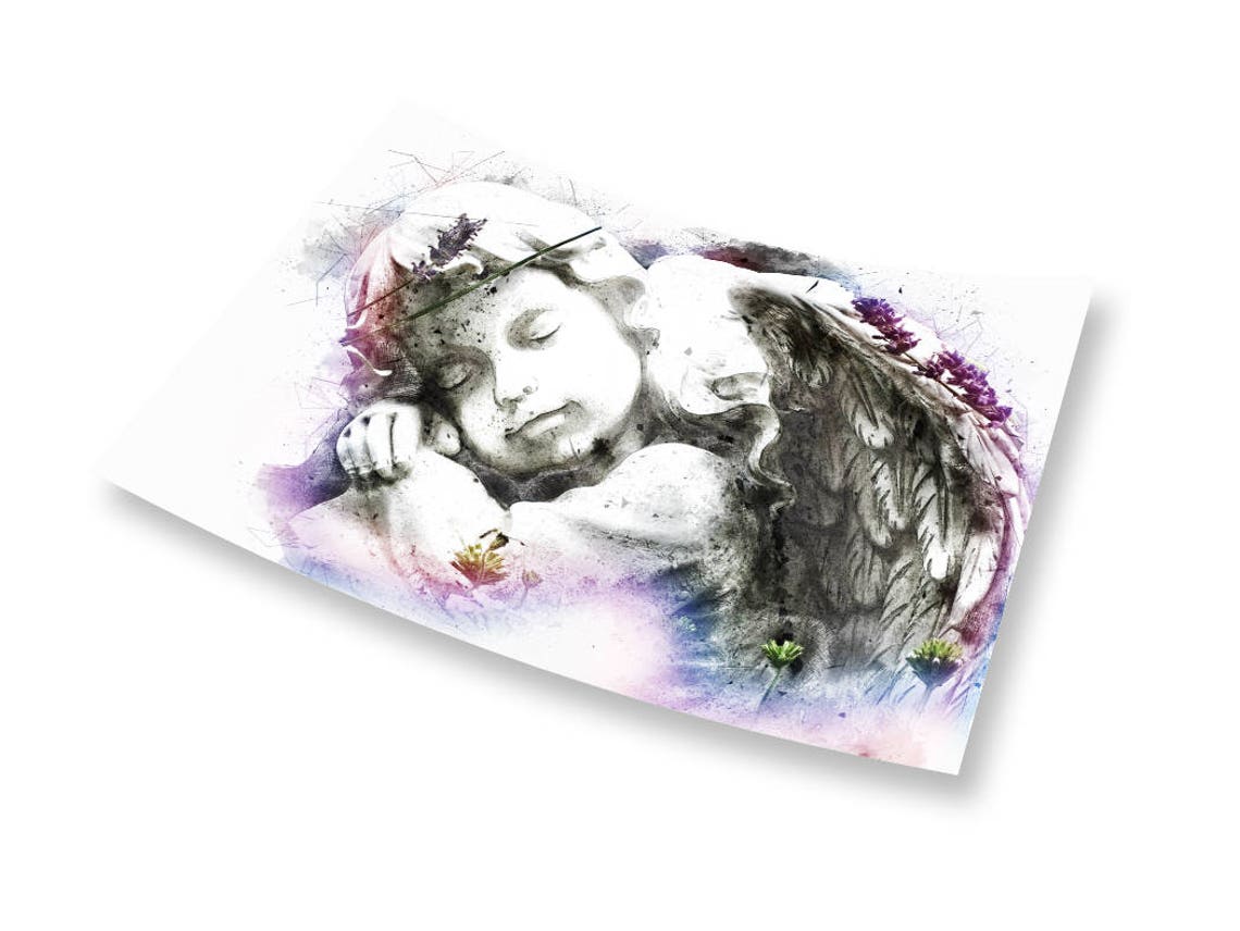 Sleeping Angel Cherub Statue Lavender Watercolor Spiritual Art Print - Image 2
