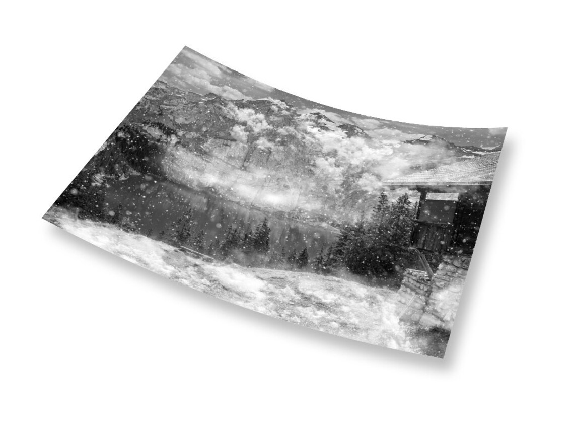 Snowy Mountain Lake Cabin Winter Black White Vintage Photo Art Poster - Image 2