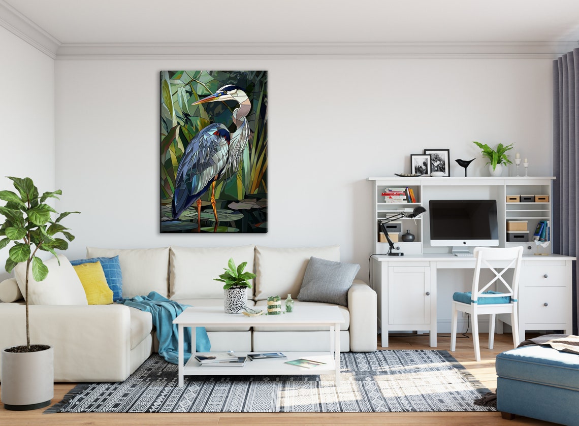 Great Blue Heron Stained Glass Green Reeds Wildlife Art Poster - Image 2