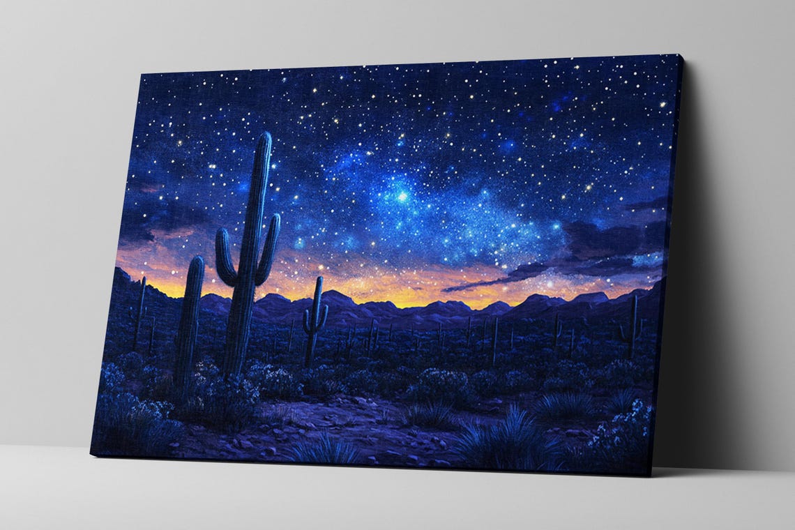 Starry Night Desert Sky Saguaro Cactus Glowing Milky Way Wall Art - Image 2