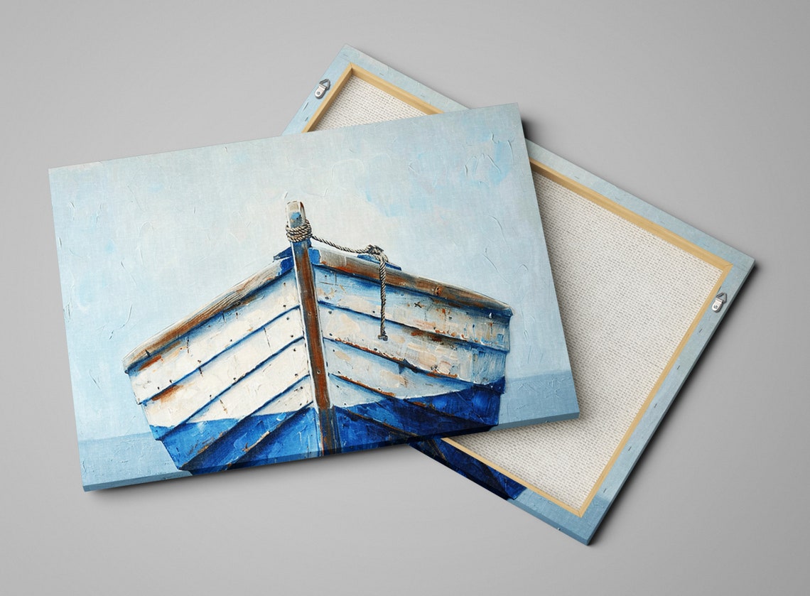 Minimalist Blue White Wooden Boat Bow Pale Sky Coastal Wall Art - Image 4