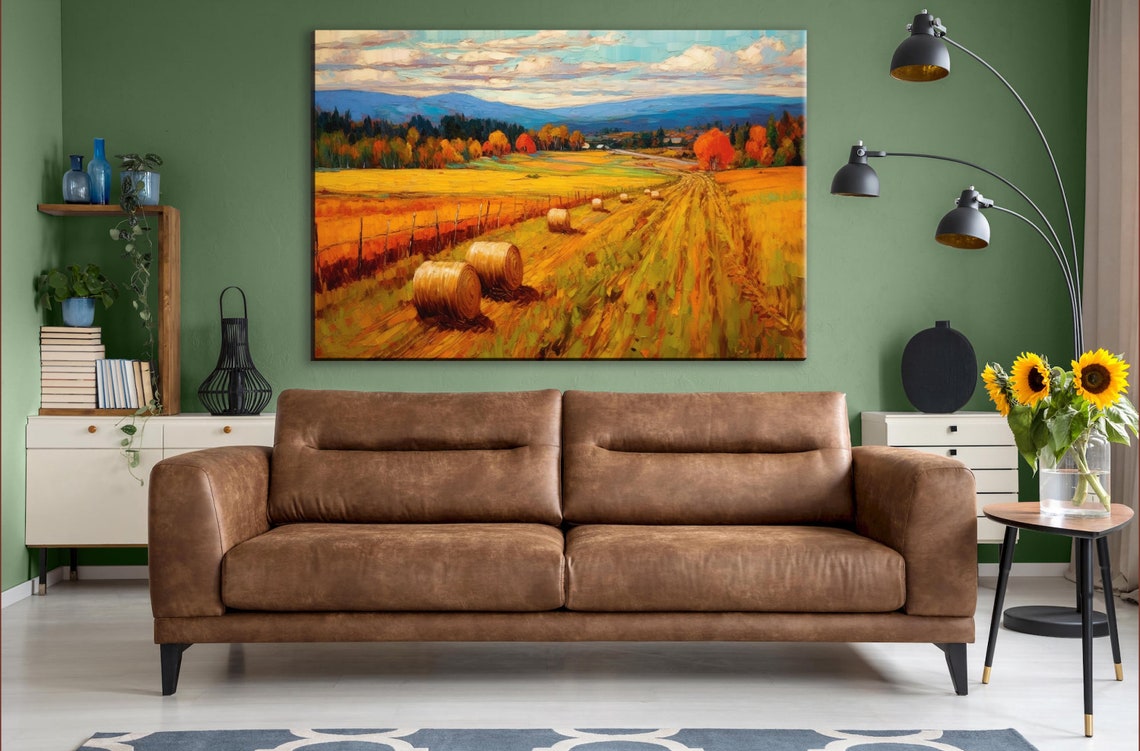 Golden Autumn Countryside Hay Bales Field Mountain Valley Poster - Image 3