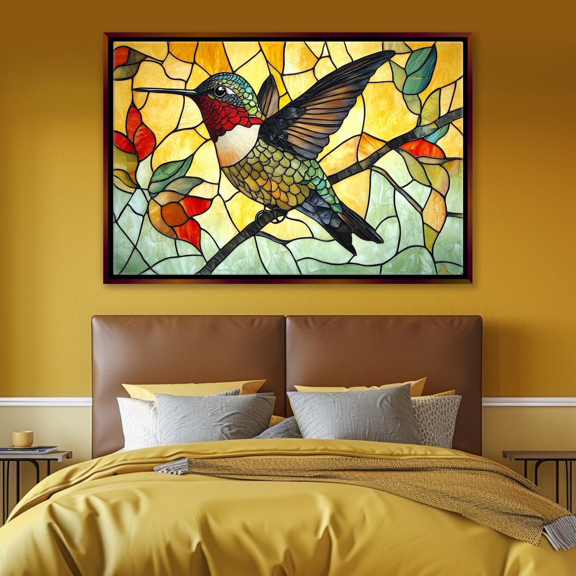 Stained Glass Style Hummingbird Perched On Branch Amber Light Art - Image 4
