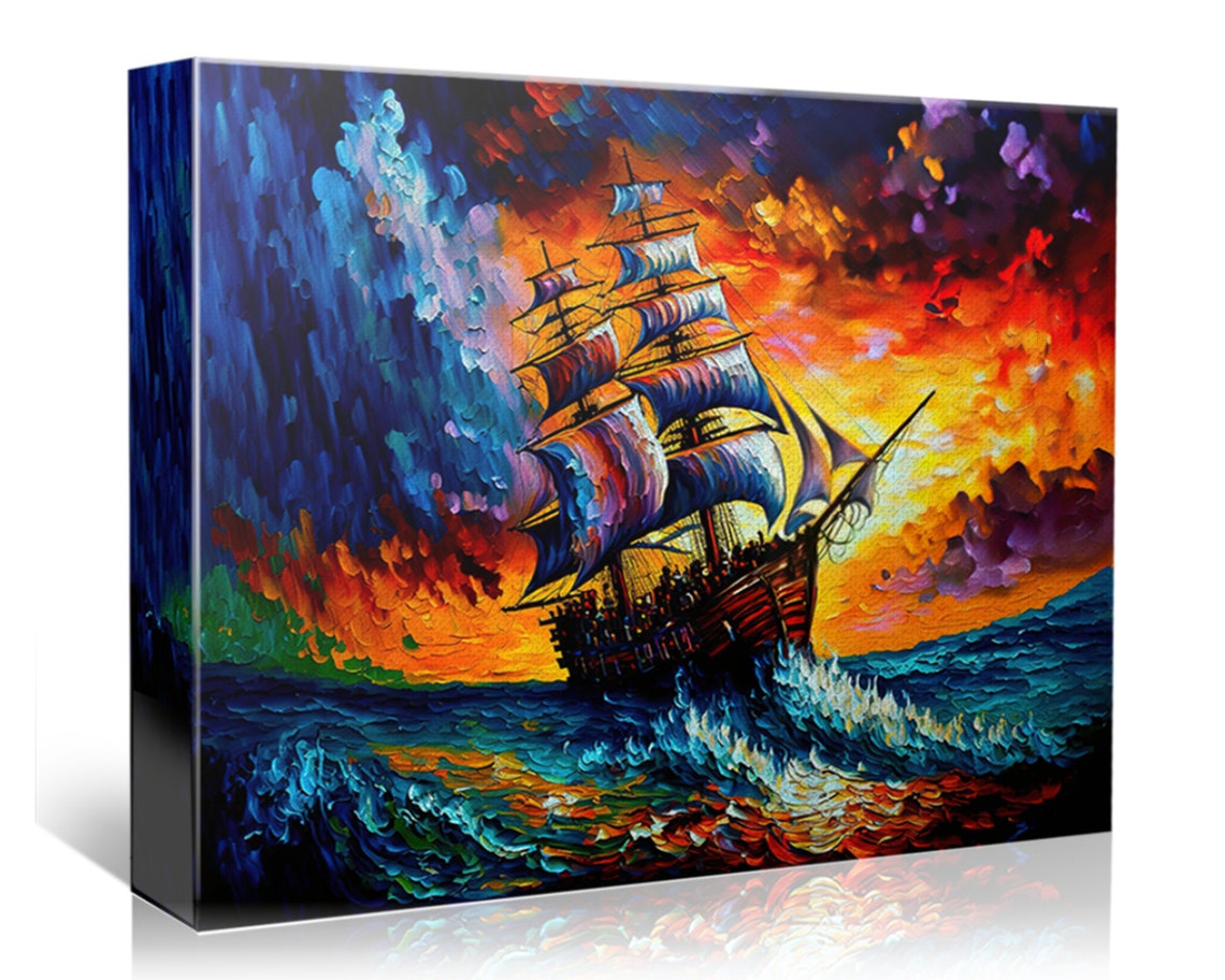 Pirate Ship On Stormy Seas Colorful Acrylic Painting Print Giclee Print - Image 4