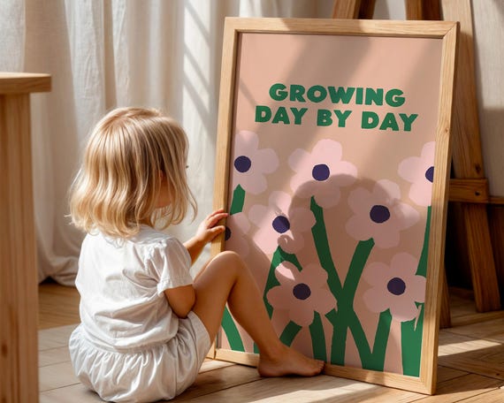 Growing Day By Wall Art Nursery Floral Quote Print Kids Room Decor Pink Flowers Inspirational