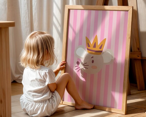 Pink Striped Mouse King Print Cute Animal Illustration Wall Art