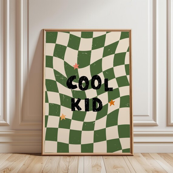 Cool Kid Retro Wavy Green Checkerboard Kids Room Decor Poster