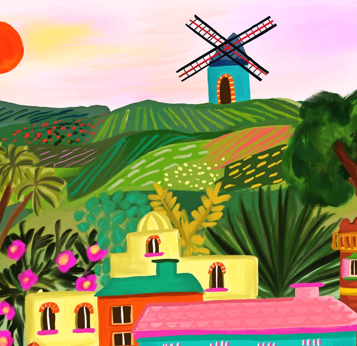 Colorful French Mediterranean Village Cove Windmill Hills Art Print - Image 3