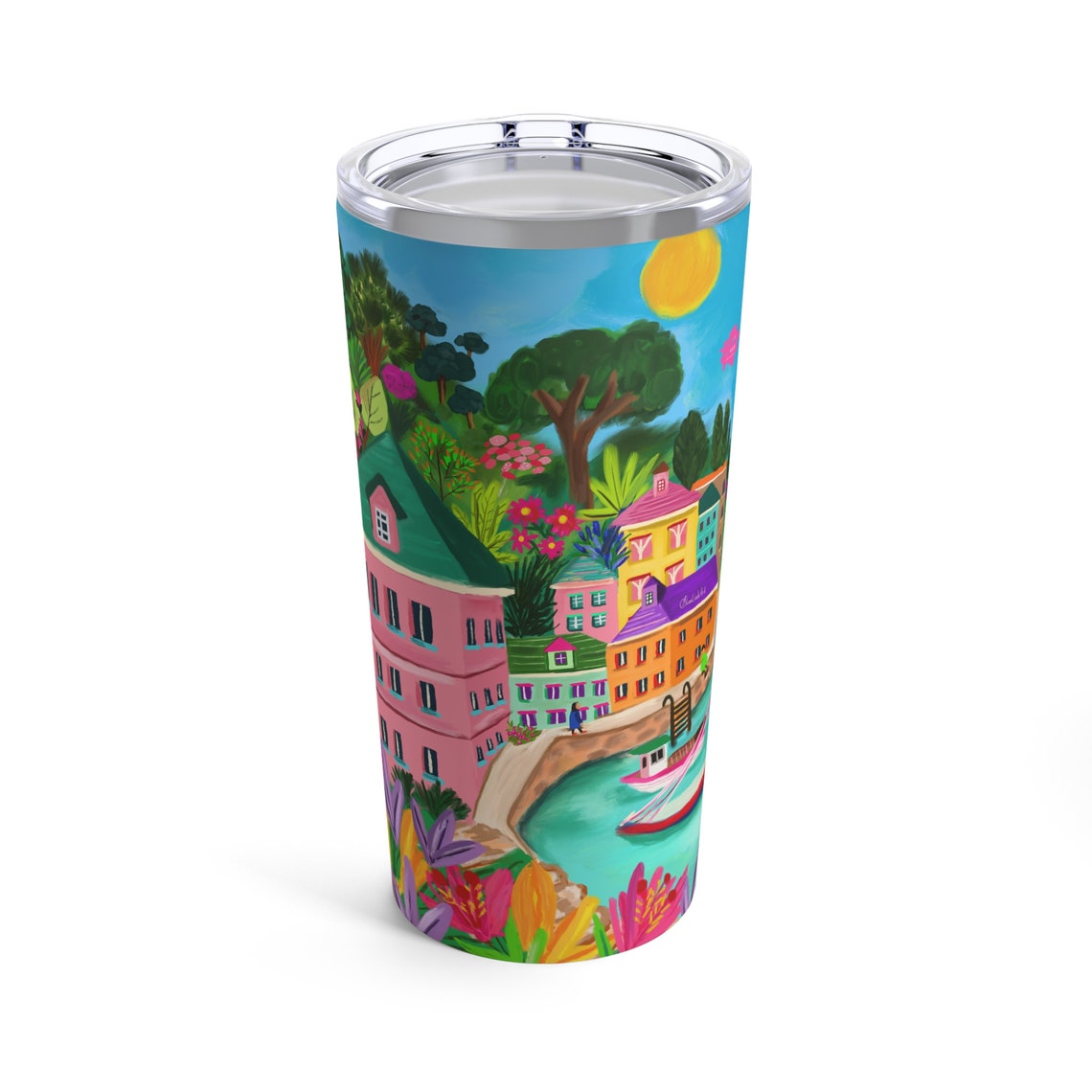 Colorful Fishing Harbor Village Travel Tumbler Lid Cup Print