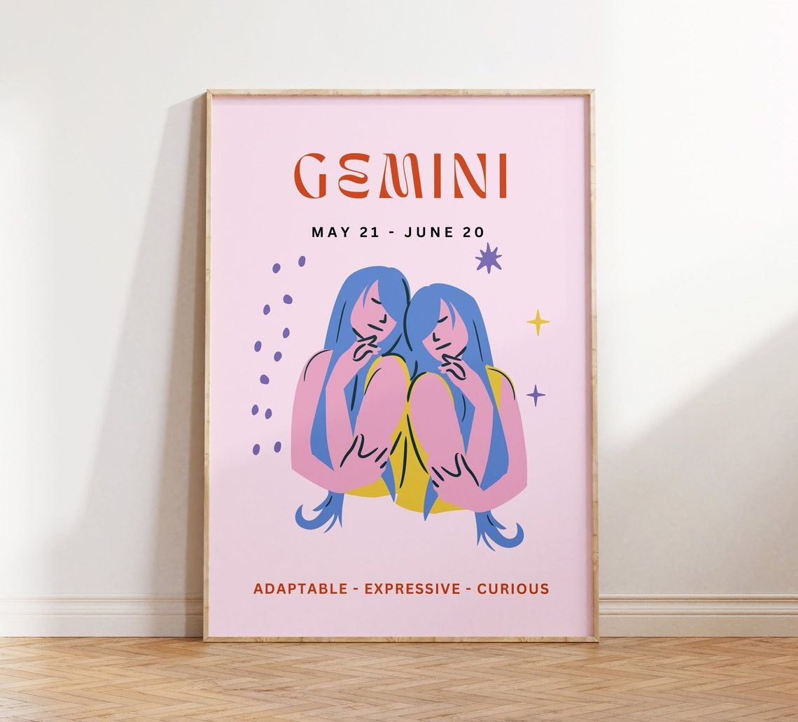 Gemini Zodiac Sign Pink Twin Girls May Star Sign Trendy Poster - Image 3