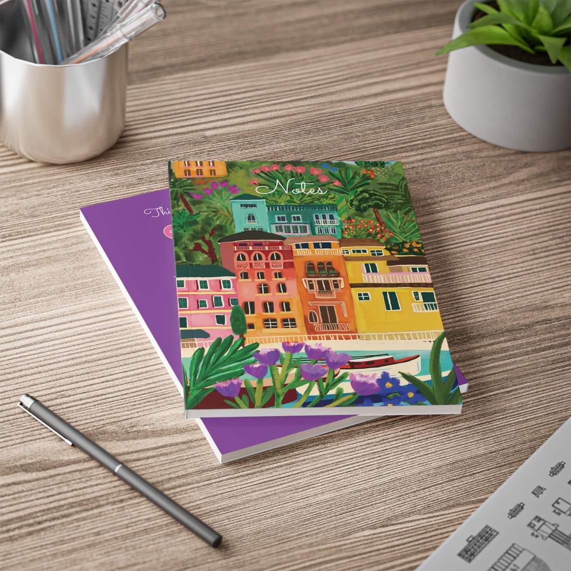 Notes Notebook Coastal Village Cover Colorful Journal Art Print - Image 5