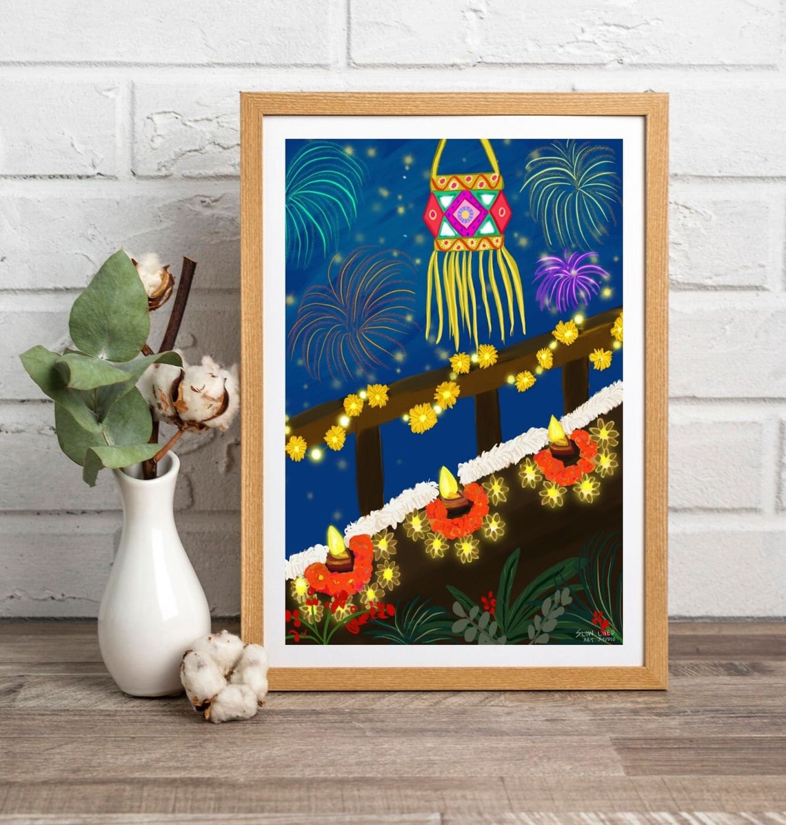 Diwali Festival Diyas Lantern Fireworks Night Celebration Print - Image 4