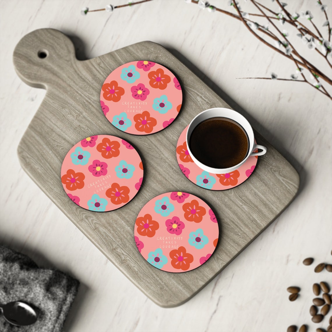 Creativity Takes Courage Colorful Floral Coaster Design Print - Image 2
