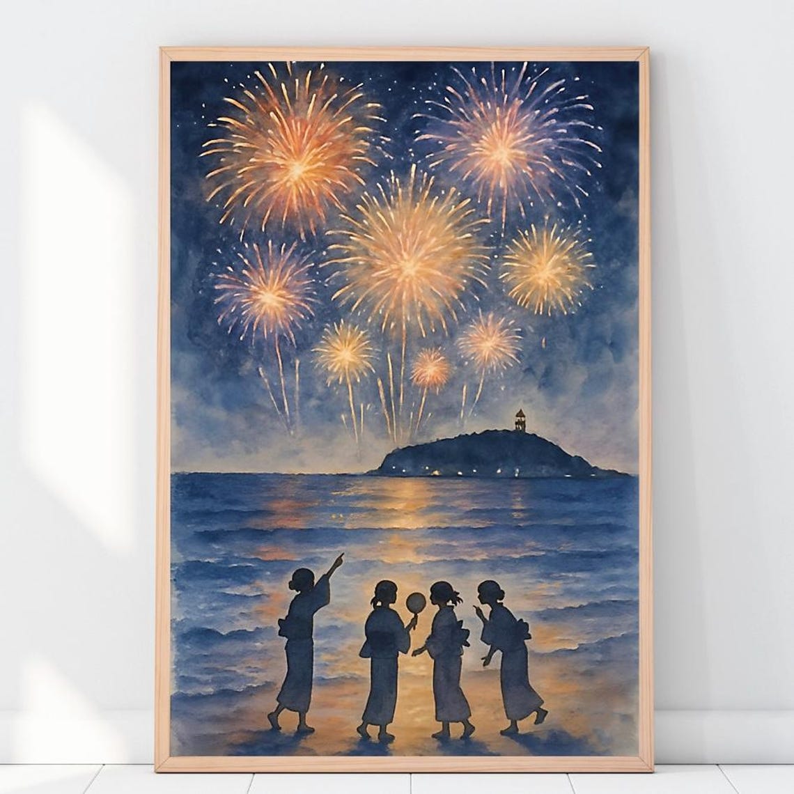 Enoshima Hanabi Fireworks Festival Watercolor Print Of Girls In Yukata By The Sea