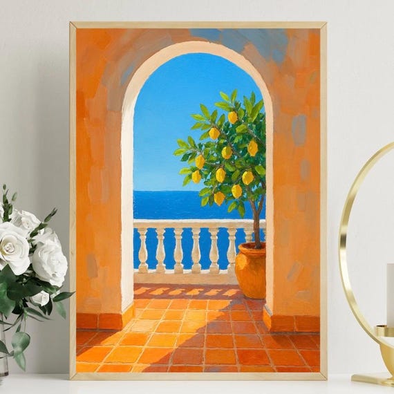 Mediterranean Summer Dream Print Lemon Tree Balcony Ocean View Coastal Wall Art For Kitchen Or Living Room Instant