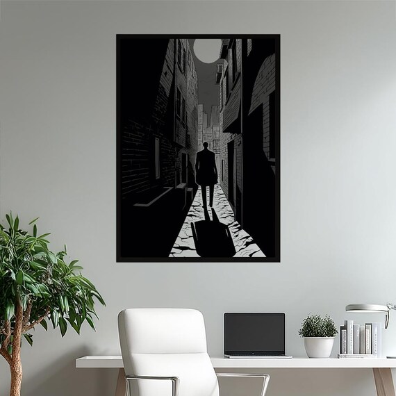 Film Noir Lone Figure In Moonlit Urban Alleyway Mystery Poster