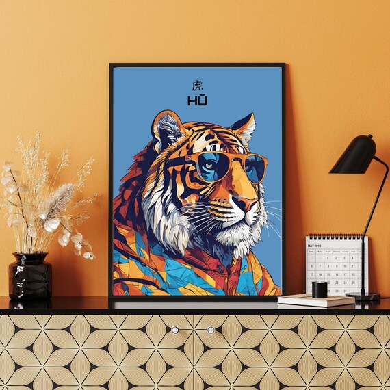 Cool Tiger Pop Art Poster Chinese Zodiac Sunglasses Blue Decor