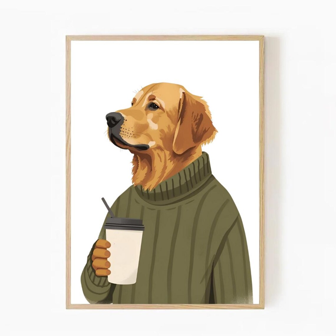 Golden Retriever In Green Sweater With Coffee Cute Dog Poster