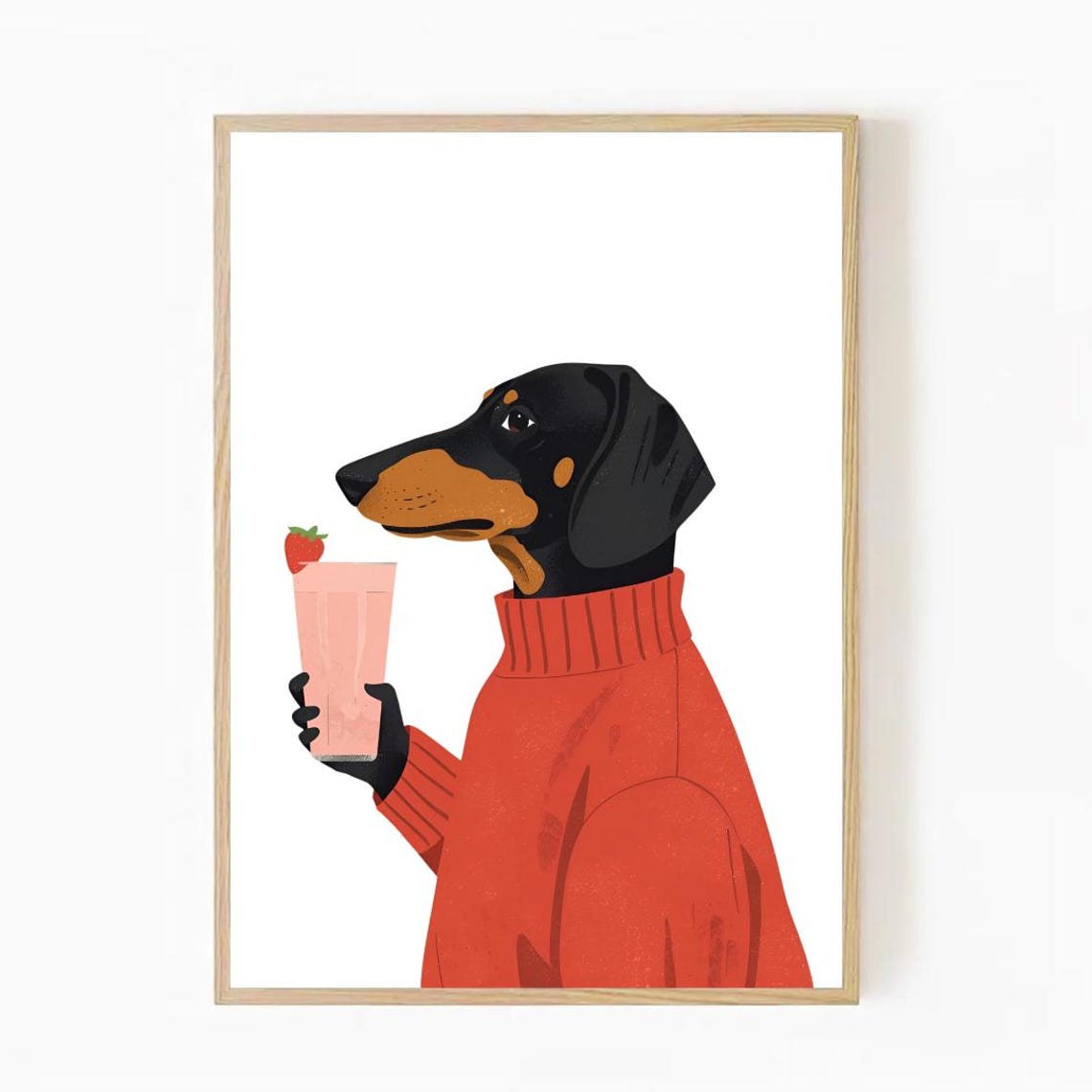 Dachshund In Red Sweater Holding Pink Strawberry Smoothie Poster