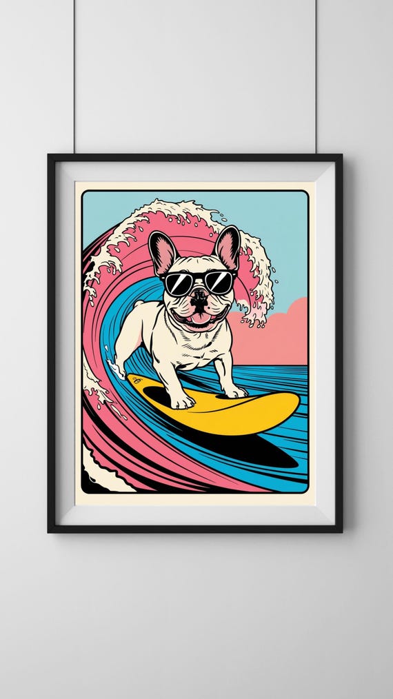 French Bulldog Surfing Wall Art Retro Pastel Dog Print Lover Gift Funny Artwork Colourful Home Interior Funky Design