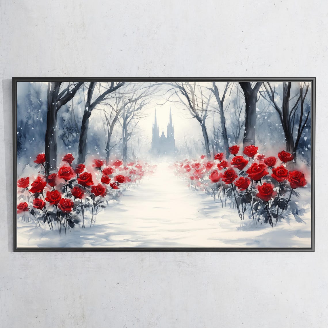 Winter Watercolor Red Roses Snowy Path Gothic Cathedral Scene Wall Art