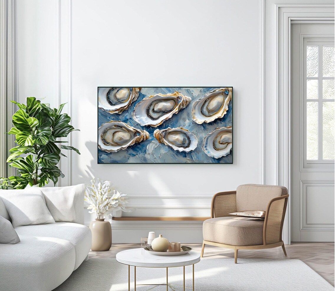 Oyster Shells Blue Coastal Still Life Textured Oil Painting Poster - Image 2