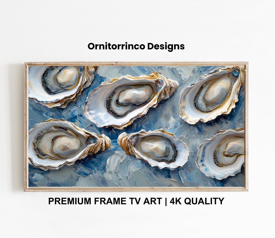 Oyster Shells Blue Coastal Still Life Textured Oil Painting Poster - Image 3