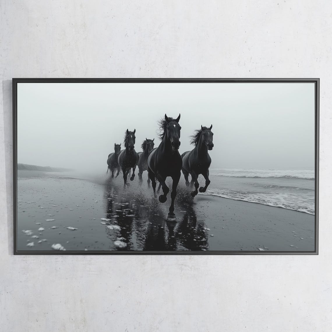 Wild Black Horses Galloping Beach Waves Black and White Travel Poster