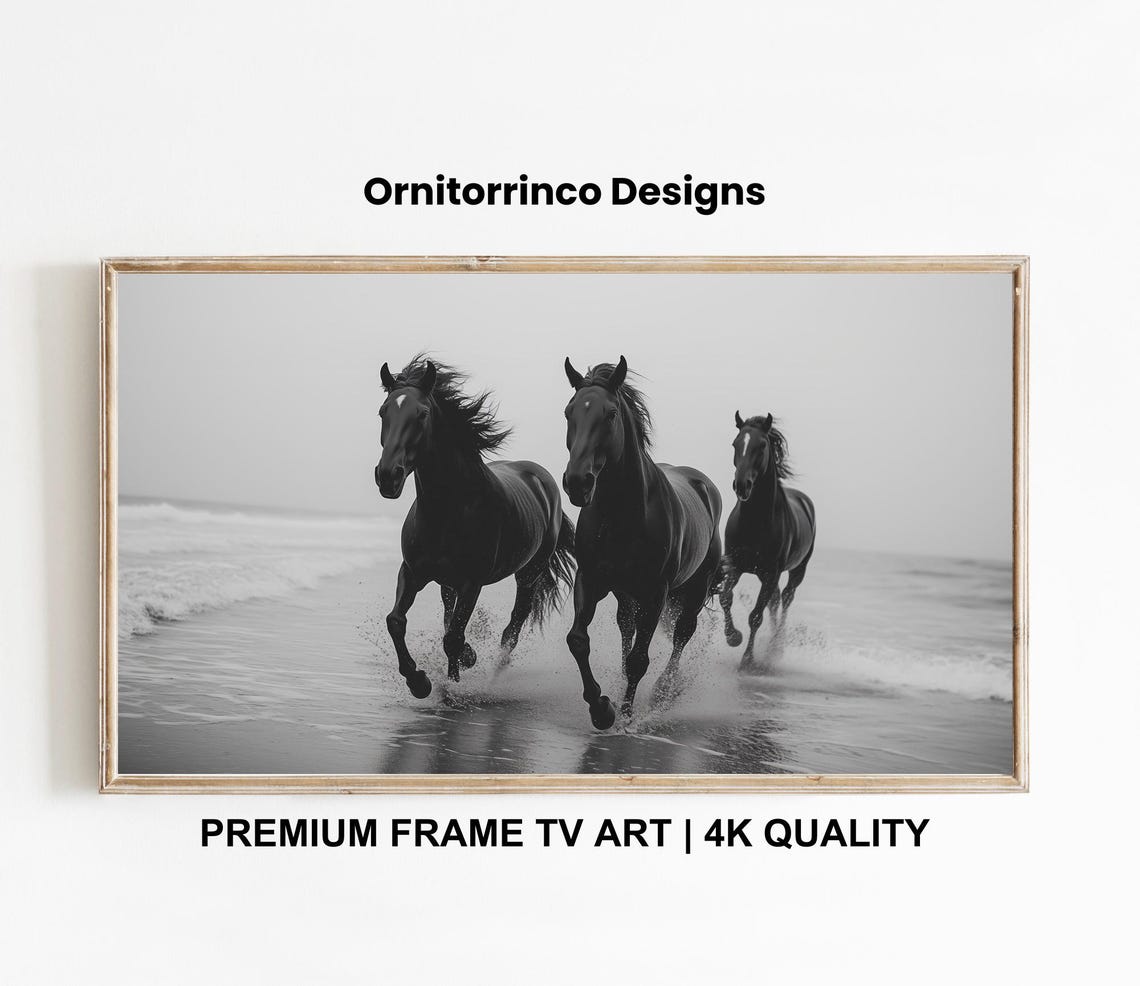 Black Horses Galloping Beach Black White Western Wall Art Print Poster
