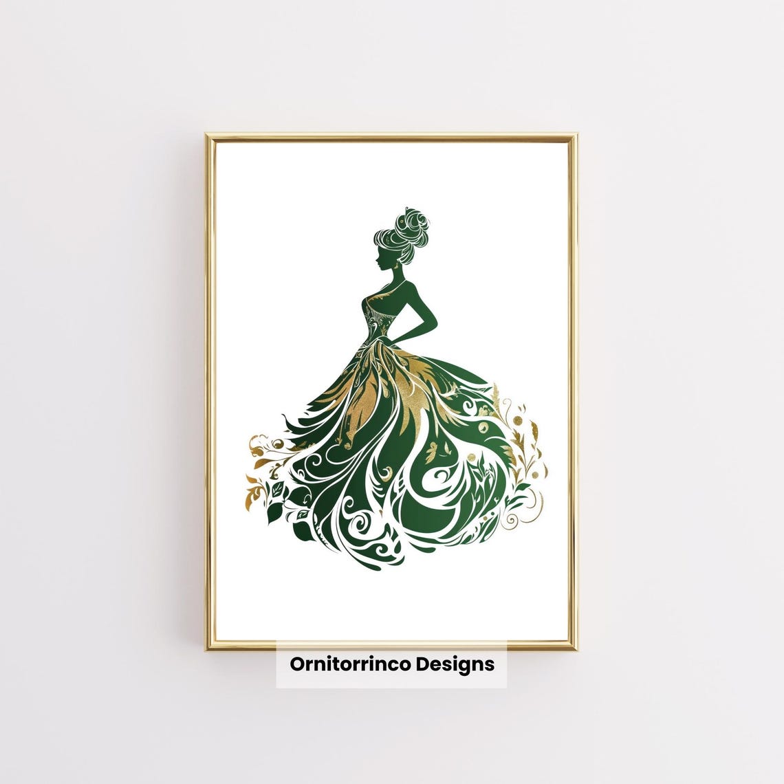Emerald Green Gold Princess Gown Silhouette Elegant Nursery Poster