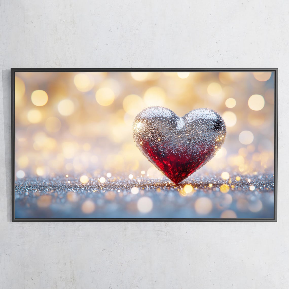 Glitter Red Silver Heart Sparkling Bokeh Romantic Valentine Wall Art