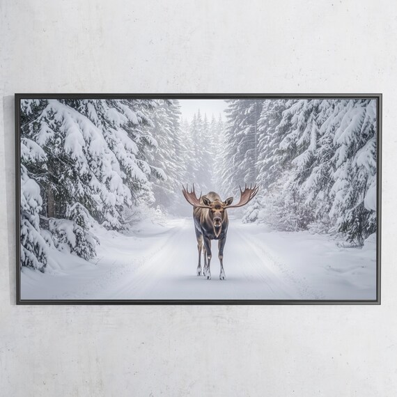 Moose Snowy Forest Road Winter Wildlife Majestic Antlers Photo Poster