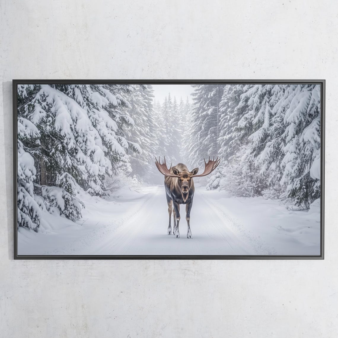 Moose Snowy Forest Road Winter Wildlife Majestic Antlers Photo Poster