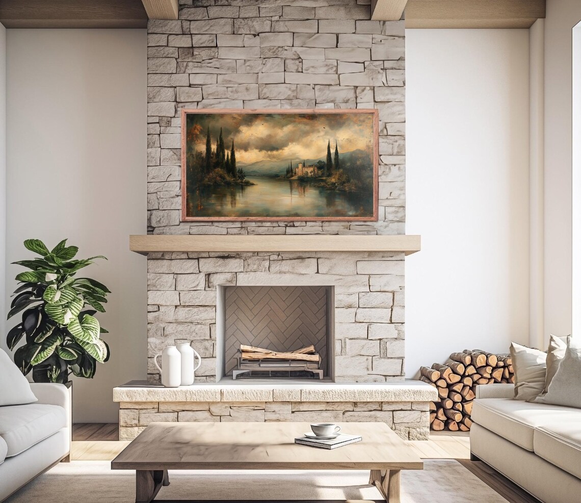 Moody Italian Lake Villa Stormy Sky Vintage Oil Painting Poster - Image 2