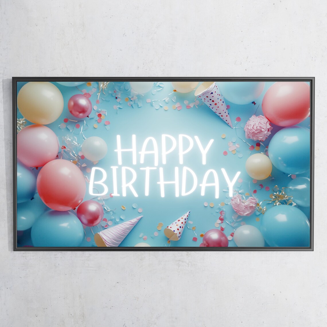 Happy Birthday Neon Pastel Balloons Confetti Party Celebration Poster