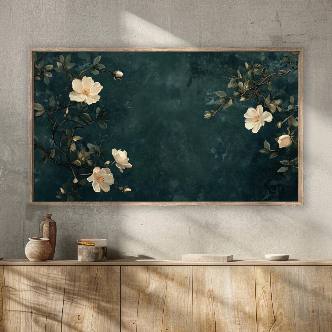 Cream Blossoms Dark Green Moody Vintage Floral Oil Painting Poster - Image 3